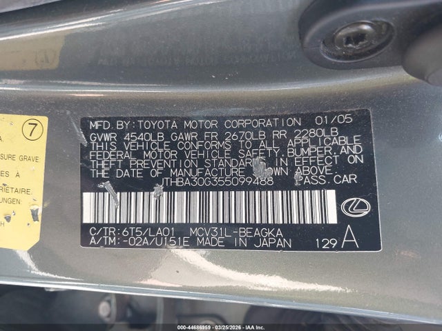 44686959 :رقم المزاد ، JTHBA30G355099488 vin ، 2005 Lexus Es 330 مزاد بيع