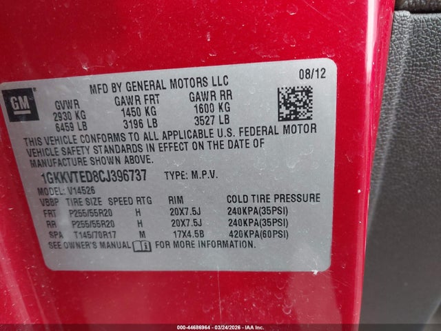 2012 Gmc Acadia Denali მანქანა იყიდება აუქციონზე, vin: 1GKKVTED8CJ396737, აუქციონის ნომერი: 44686964