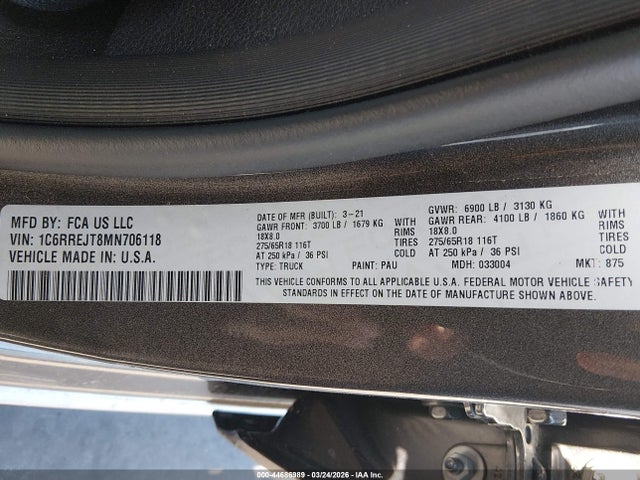 44686989 :رقم المزاد ، 1C6RREJT8MN706118 vin ، 2021 Ram 1500 مزاد بيع
