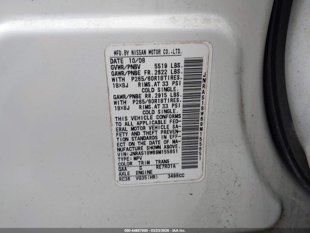 44687000 :رقم المزاد ، JNRAS18W69M155851 vin ، 2009 Infiniti Fx35 مزاد بيع