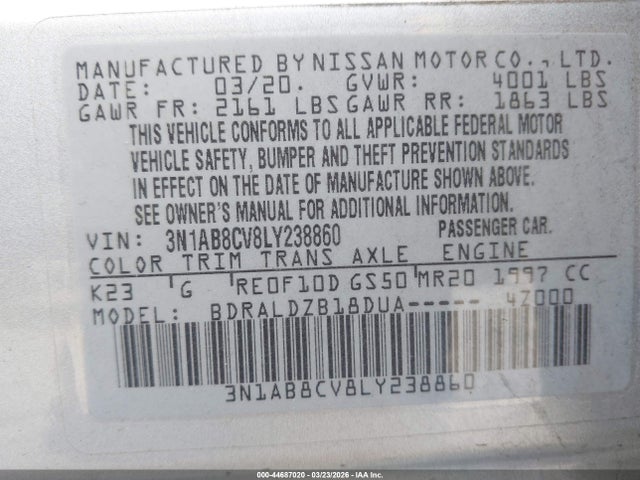 3N1AB8CV8LY238860 Nissan Sentra Sv Xtronic Cvt
