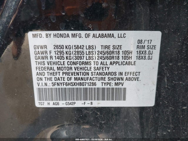 Aukcja sprzedaży 2017 Honda Pilot Ex-l, vin: 5FNYF6H5XHB071286, numer aukcji: 44687021