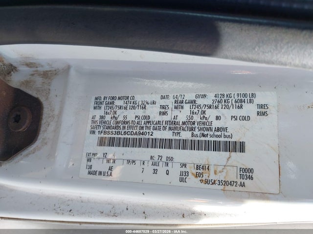 Aukcja sprzedaży 2012 Ford E-350 Super Duty Xl, vin: 1FBSS3BL6CDA94012, numer aukcji: 44687029