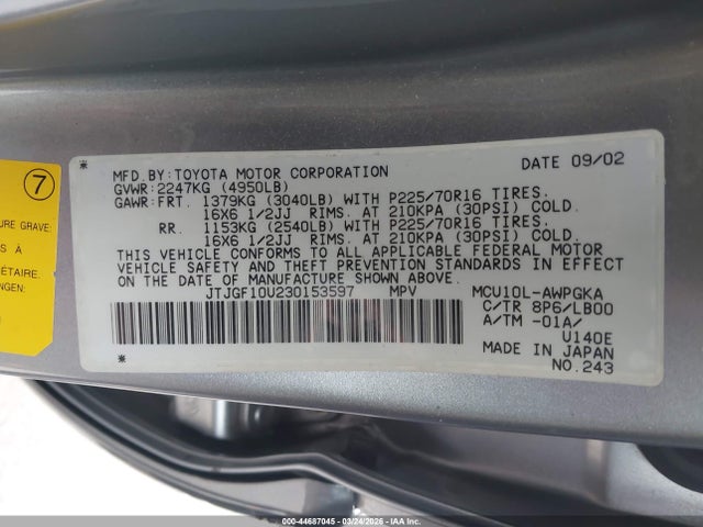 Auction sale of the 2003 Lexus Rx 300, vin: JTJGF10U230153597, lot number: 44687045