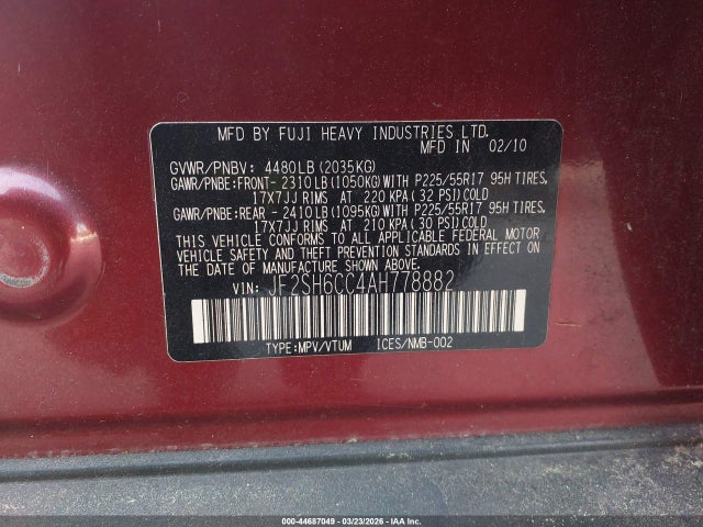 Продаж на аукціоні авто 2010 Subaru Forester 2.5x Premium, vin: JF2SH6CC4AH778882, номер лоту: 44687049