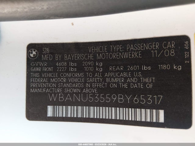 2009 Bmw 528i მანქანა იყიდება აუქციონზე, vin: WBANU53559BY65317, აუქციონის ნომერი: 44687060