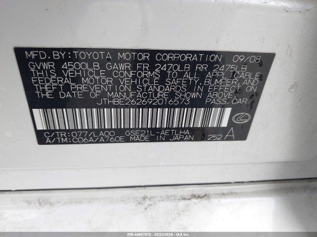 44687070 :رقم المزاد ، JTHBE262692016573 vin ، 2009 Lexus Is 350 مزاد بيع