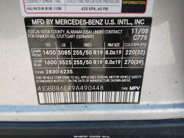 2009 Mercedes-benz Ml 350 4matic მანქანა იყიდება აუქციონზე, vin: 4JGBB86E49A490448, აუქციონის ნომერი: 44687091
