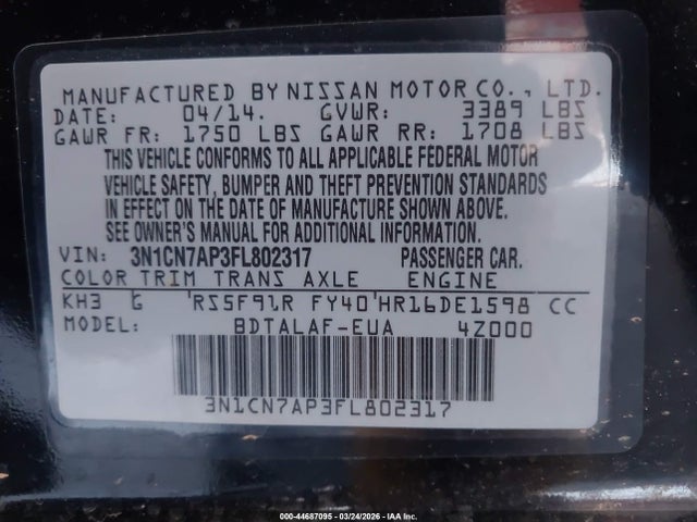 Nissan Versa 1.6 S 2015 3N1CN7AP3FL802317 Image 9