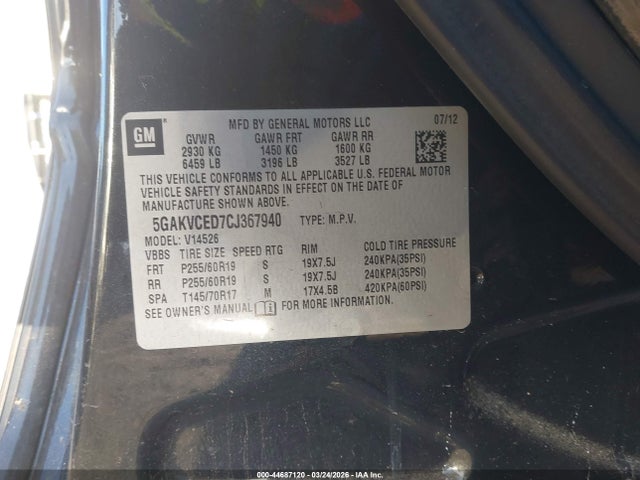 44687120 :رقم المزاد ، 5GAKVCED7CJ367940 vin ، 2012 Buick Enclave Leather مزاد بيع