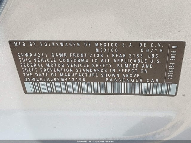 Продаж на аукціоні авто 2015 Volkswagen Jetta 2.0l S, vin: 3VW2K7AJ6FM412168, номер лоту: 44687135