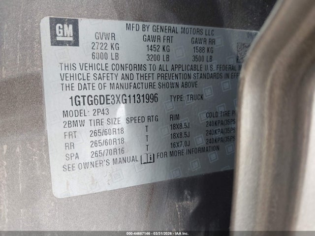 44687146 :رقم المزاد ، 1GTG6DE3XG1131996 vin ، 2016 Gmc Canyon Slt مزاد بيع