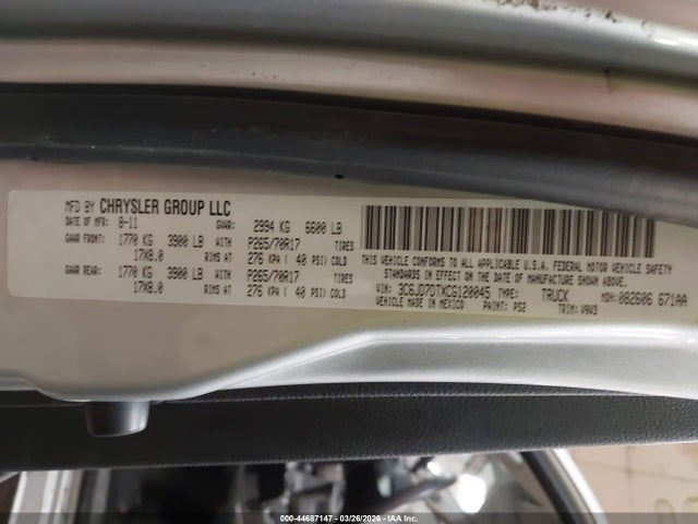 Продаж на аукціоні авто 2012 Ram 1500 St, vin: 3C6JD7DTXCG120045, номер лоту: 44687147