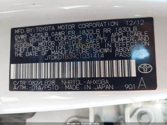 44687195 :رقم المزاد ، JTDKDTB39C1031414 vin ، 2012 Toyota Prius C Four مزاد بيع
