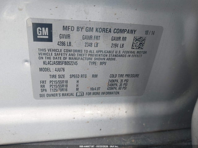 44687197 :رقم المزاد ، KL4CJASB5FB052245 vin ، 2015 Buick Encore مزاد بيع