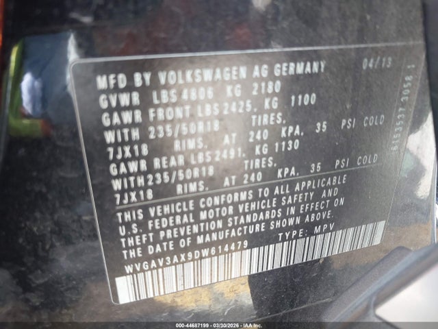 Продаж на аукціоні авто 2013 Volkswagen Tiguan Se, vin: WVGAV3AX9DW614479, номер лоту: 44687199
