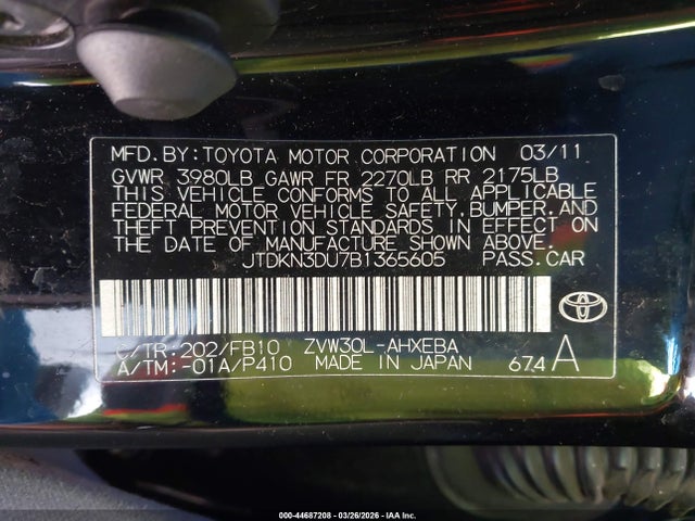 Aukcja sprzedaży 2011 Toyota Prius Two, vin: JTDKN3DU7B1365605, numer aukcji: 44687208