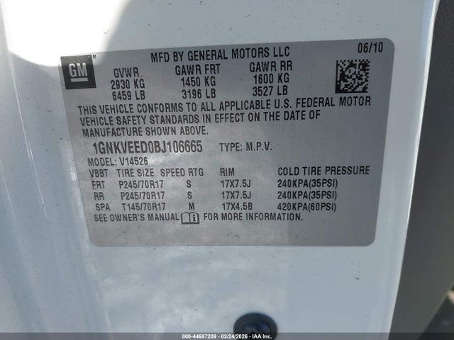 Продажа на аукционе авто 2011 Chevrolet Traverse Ls, vin: 1GNKVEED0BJ106665, номер лота: 44687209