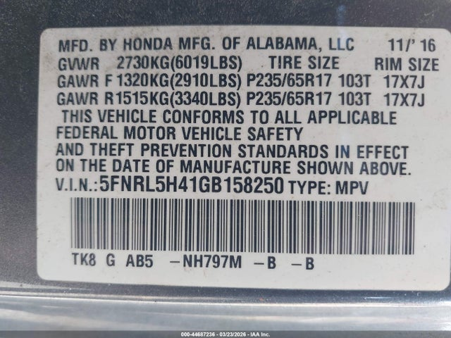 5FNRL5H41GB158250 Honda ODYSSEY EX