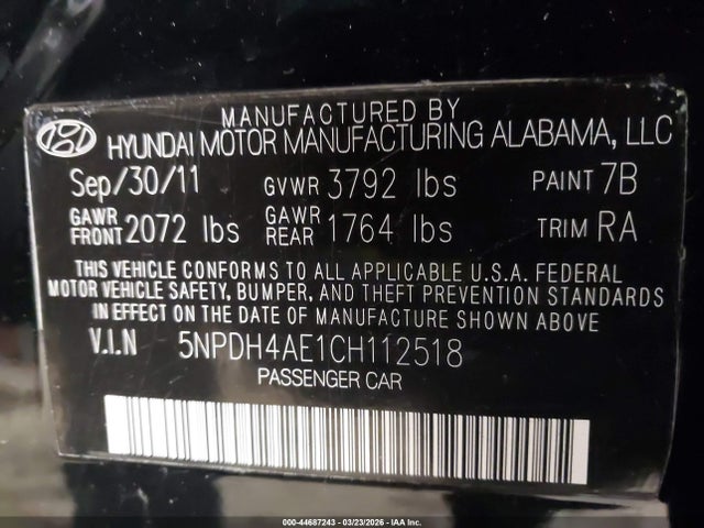 2012 Hyundai Elantra Limited მანქანა იყიდება აუქციონზე, vin: 5NPDH4AE1CH112518, აუქციონის ნომერი: 44687243