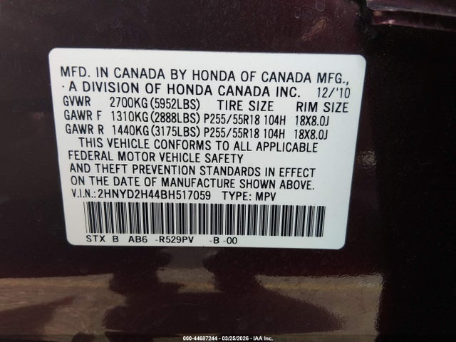 Продажа на аукционе авто 2011 Acura Mdx Technology Package, vin: 2HNYD2H44BH517059, номер лота: 44687244