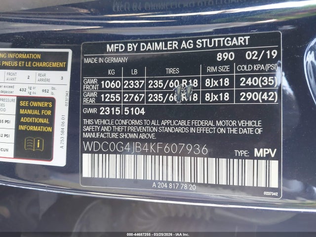 Продажа на аукционе авто 2019 Mercedes-benz Glc 300, vin: WDC0G4JB4KF607936, номер лота: 44687255