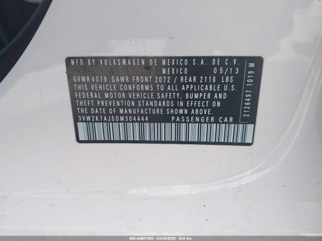 2013 Volkswagen Jetta 2.0l S მანქანა იყიდება აუქციონზე, vin: 3VW2K7AJ5DM304444, აუქციონის ნომერი: 44687260