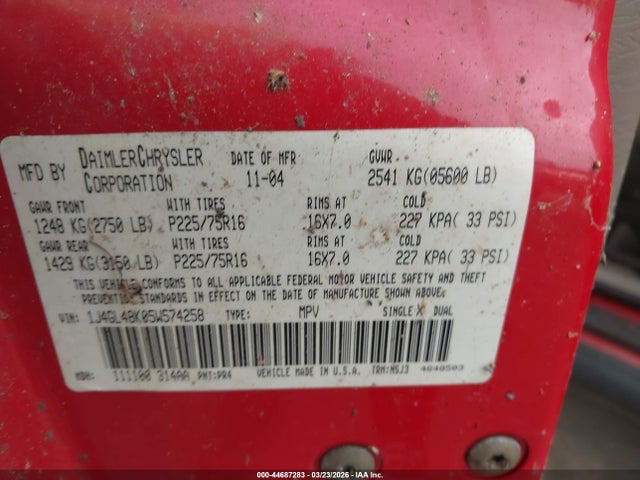 44687283 :رقم المزاد ، 1J4GL48K05W574258 vin ، 2005 Jeep Liberty Sport مزاد بيع