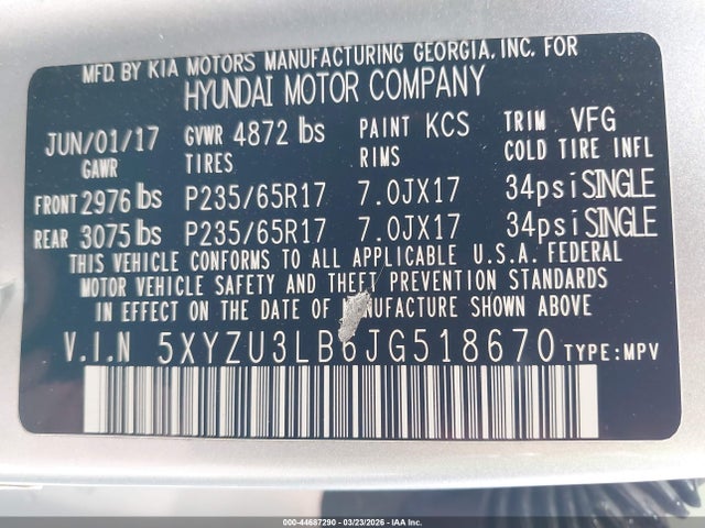 5XYZU3LB6JG518670 Hyundai Santa Fe Sport 2.4l
