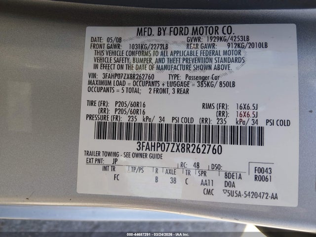 44687291 :رقم المزاد ، 3FAHP07ZX8R262760 vin ، 2008 Ford Fusion Se مزاد بيع