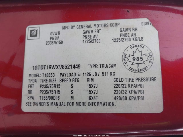 Продажа на аукционе авто 1997 Gmc Sonoma Sls Sportside/sls Wideside, vin: 1GTDT19WXV8521449, номер лота: 44687292