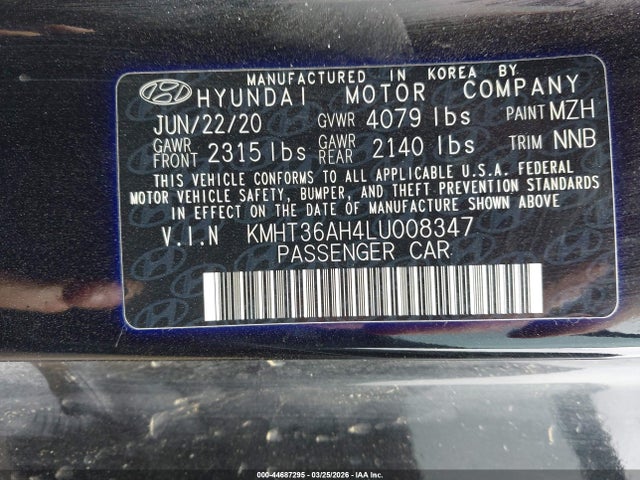 Aukcja sprzedaży 2020 Hyundai Veloster N, vin: KMHT36AH4LU008347, numer aukcji: 44687295