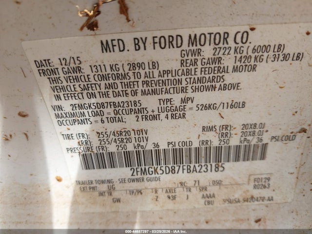 Ford Flex Limited 2015 2FMGK5D87FBA23185 Image 9