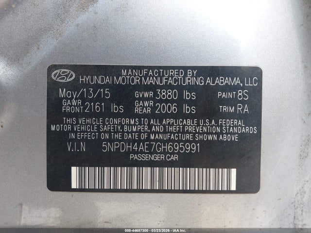 5NPDH4AE7GH695991 Hyundai ELANTRA SE