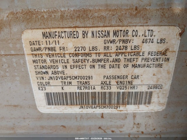 44687317 :رقم المزاد ، JN1DV6AP5CM700291 vin ، 2012 Infiniti G25 Journey مزاد بيع