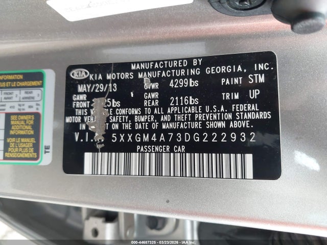 44687325 :رقم المزاد ، 5XXGM4A73DG222932 vin ، 2013 Kia Optima Lx مزاد بيع
