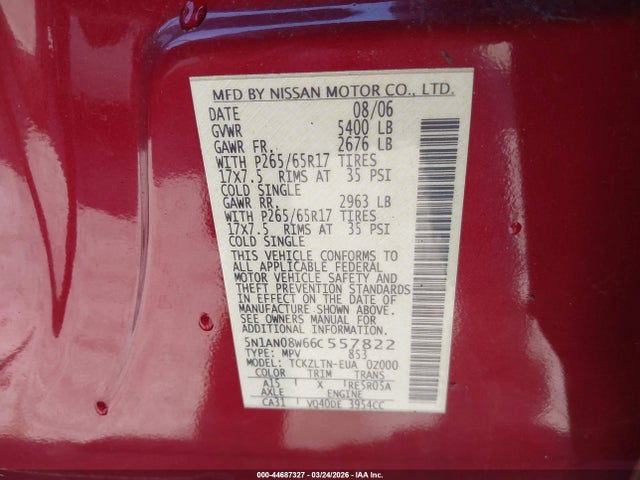 2006 Nissan Xterra Se მანქანა იყიდება აუქციონზე, vin: 5N1AN08W66C557822, აუქციონის ნომერი: 44687327
