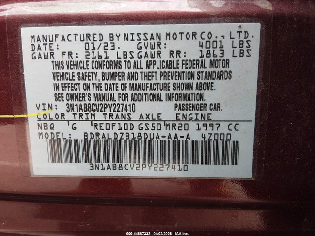 2023 Nissan Sentra Sv Xtronic Cvt მანქანა იყიდება აუქციონზე, vin: 3N1AB8CV2PY227410, აუქციონის ნომერი: 44687332