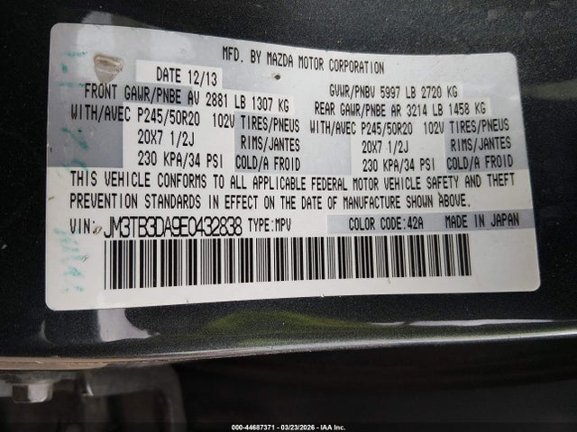 Aukcja sprzedaży 2014 Mazda Cx-9 Grand Touring, vin: JM3TB3DA9E0432838, numer aukcji: 44687371