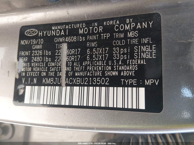 Auction sale of the 2011 Hyundai Tucson Gls, vin: KM8JUCACXBU213502, lot number: 44687379