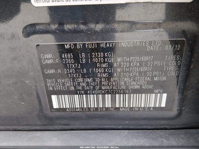 2012 Subaru Outback 3.6r Limited მანქანა იყიდება აუქციონზე, vin: 4S4BRDKC7C2256167, აუქციონის ნომერი: 44687395