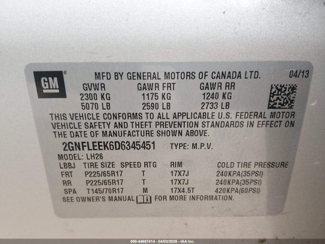 Aukcja sprzedaży 2013 Chevrolet Equinox 1lt, vin: 2GNFLEEK6D6345451, numer aukcji: 44687414