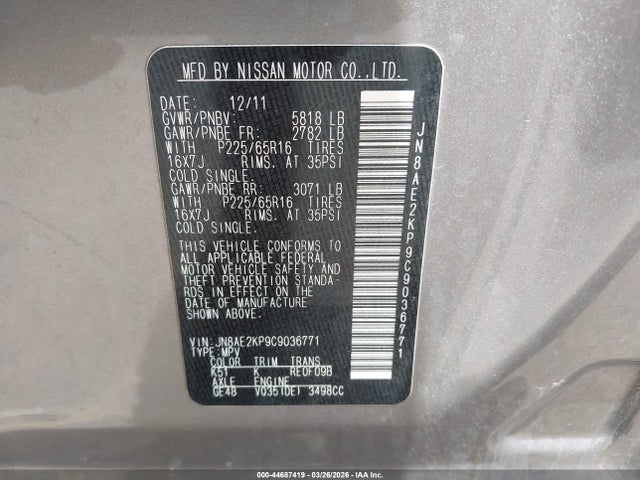 2012 Nissan Quest Sv მანქანა იყიდება აუქციონზე, vin: JN8AE2KP9C9036771, აუქციონის ნომერი: 44687419