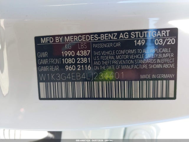 44687424 :رقم المزاد ، W1K3G4EB4LJ234401 vin ، 2020 Mercedes-benz A 220 مزاد بيع