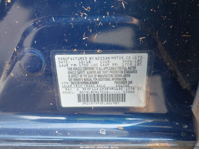 44687432 :رقم المزاد ، 3N1CN7AP0KL826987 vin ، 2019 Nissan Versa 1.6 Sv مزاد بيع