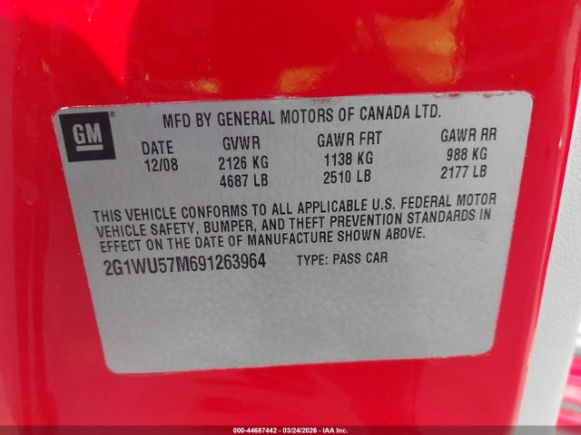 44687442 :رقم المزاد ، 2G1WU57M691263964 vin ، 2009 Chevrolet Impala Ltz مزاد بيع