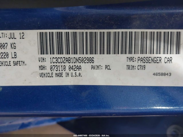 44687468 :رقم المزاد ، 1C3CDZAB1DN502986 vin ، 2013 Dodge Avenger Se مزاد بيع