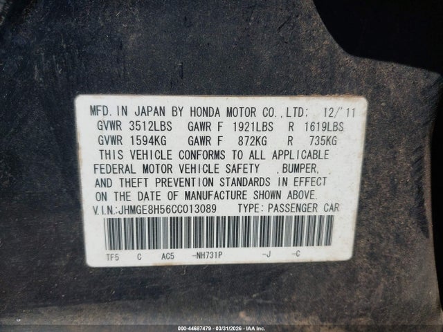 Продаж на аукціоні авто 2012 Honda Fit Sport, vin: JHMGE8H56CC013089, номер лоту: 44687479