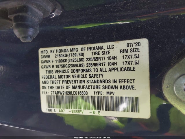 7FARW2H28LE018800 Honda Cr-v Awd Lx
