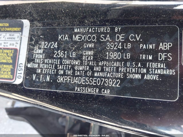 44687484 :رقم المزاد ، 3KPFU4DE5SE073922 vin ، 2025 Kia K4 Ex مزاد بيع